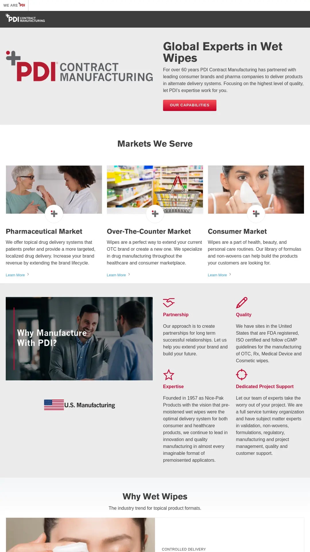 Screenshot: the PDI Contract Manufacturing website.
