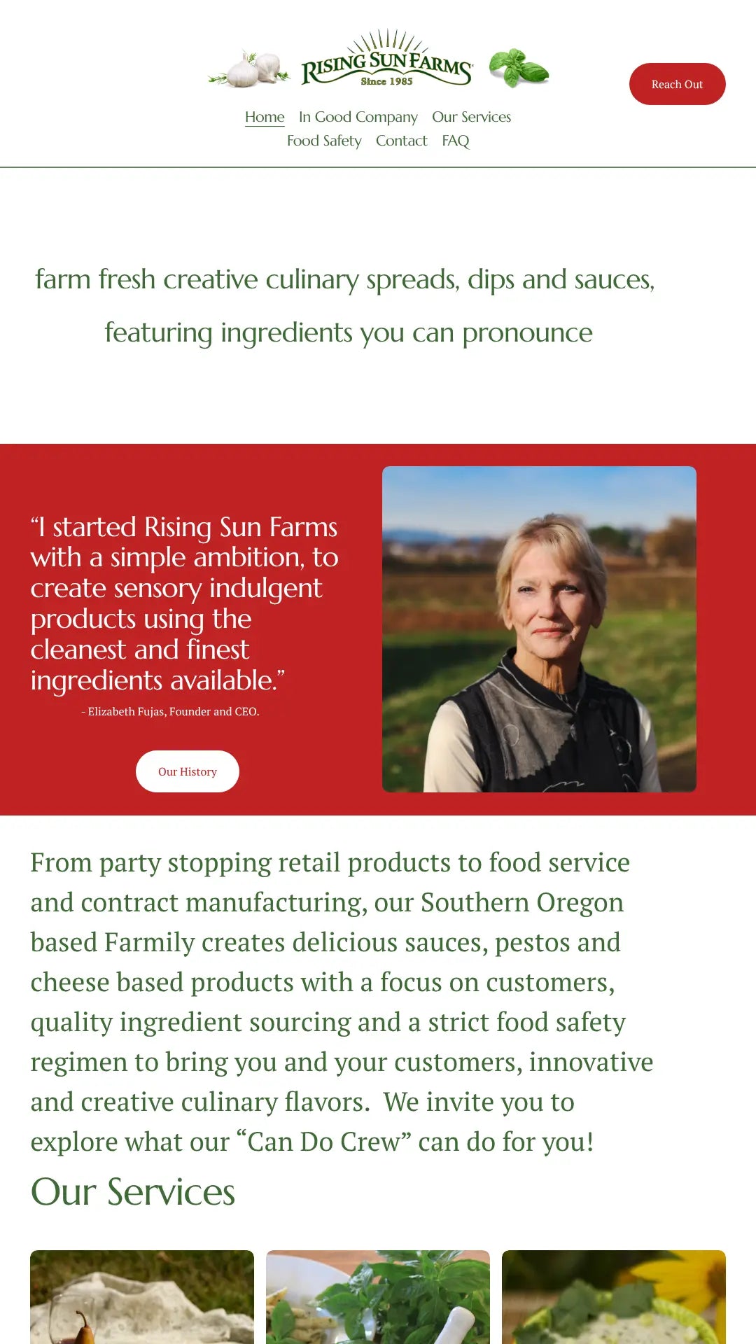 Screenshot: the Rising Sun Farms website.