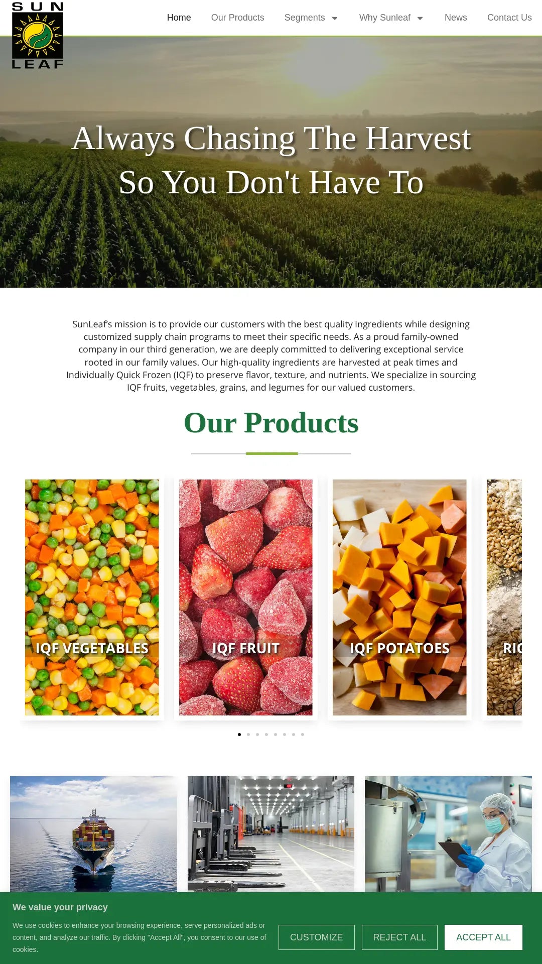 Screenshot: the Sun Leaf Foods website.