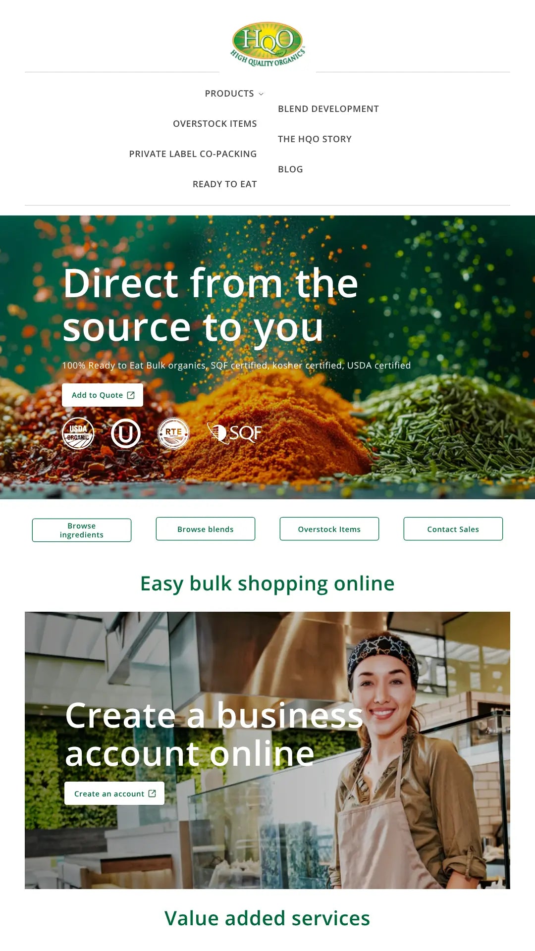 Screenshot: the HQ Organics website.
