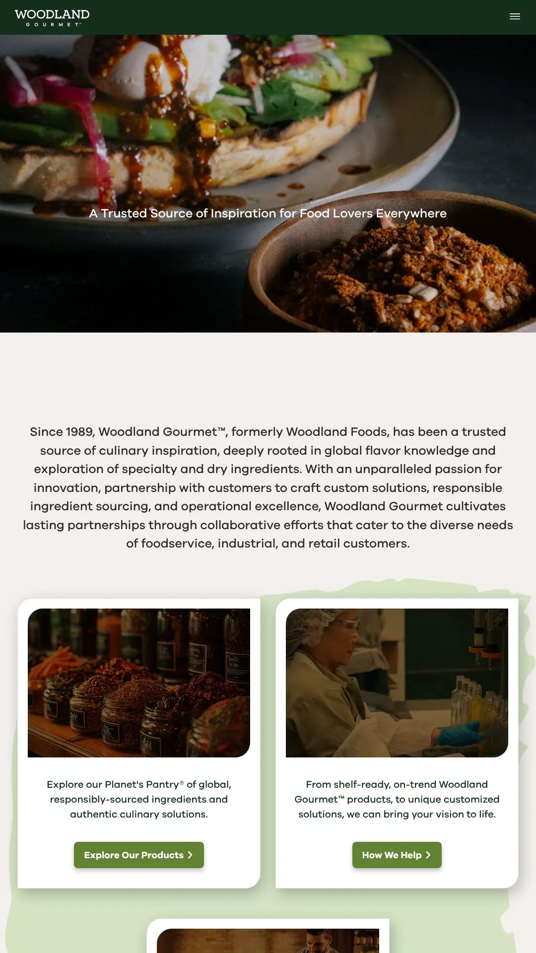 Screenshot: the Woodland Foods website.