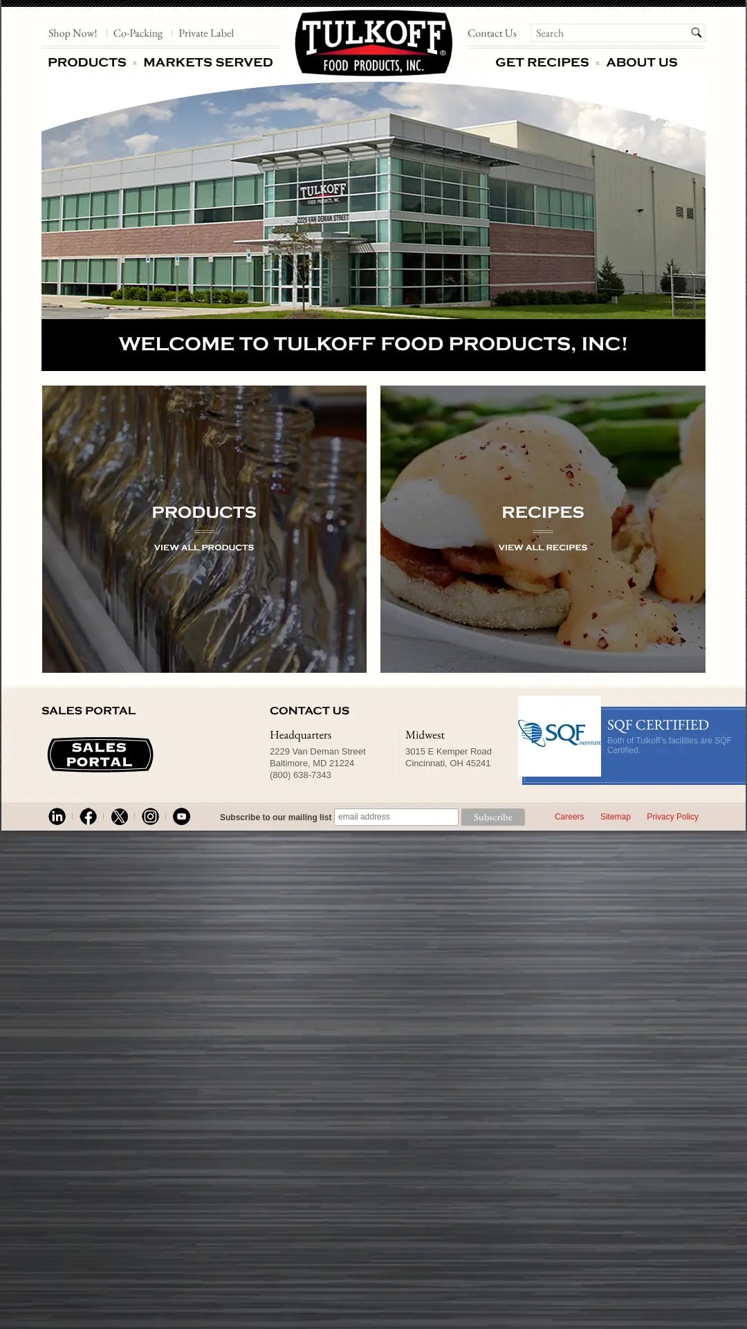 Screenshot: the Tulkoff Food Products, Inc. website.