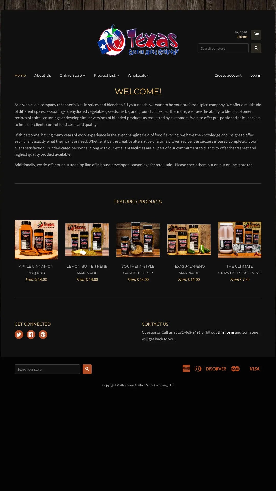 Screenshot: the Texas Custom Spice Company website.