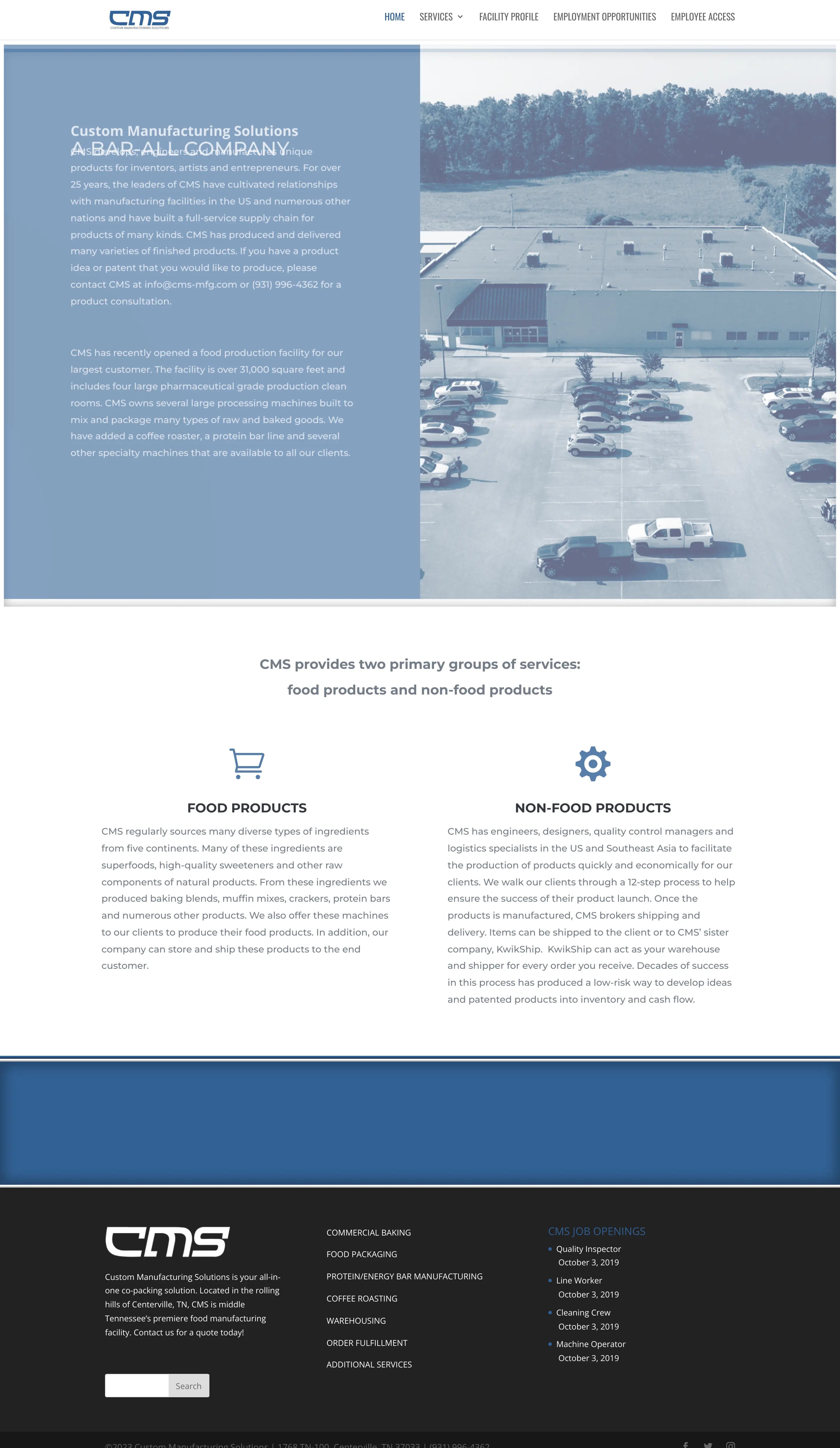 Screenshot: the Custom Manufacturing Solutions website.