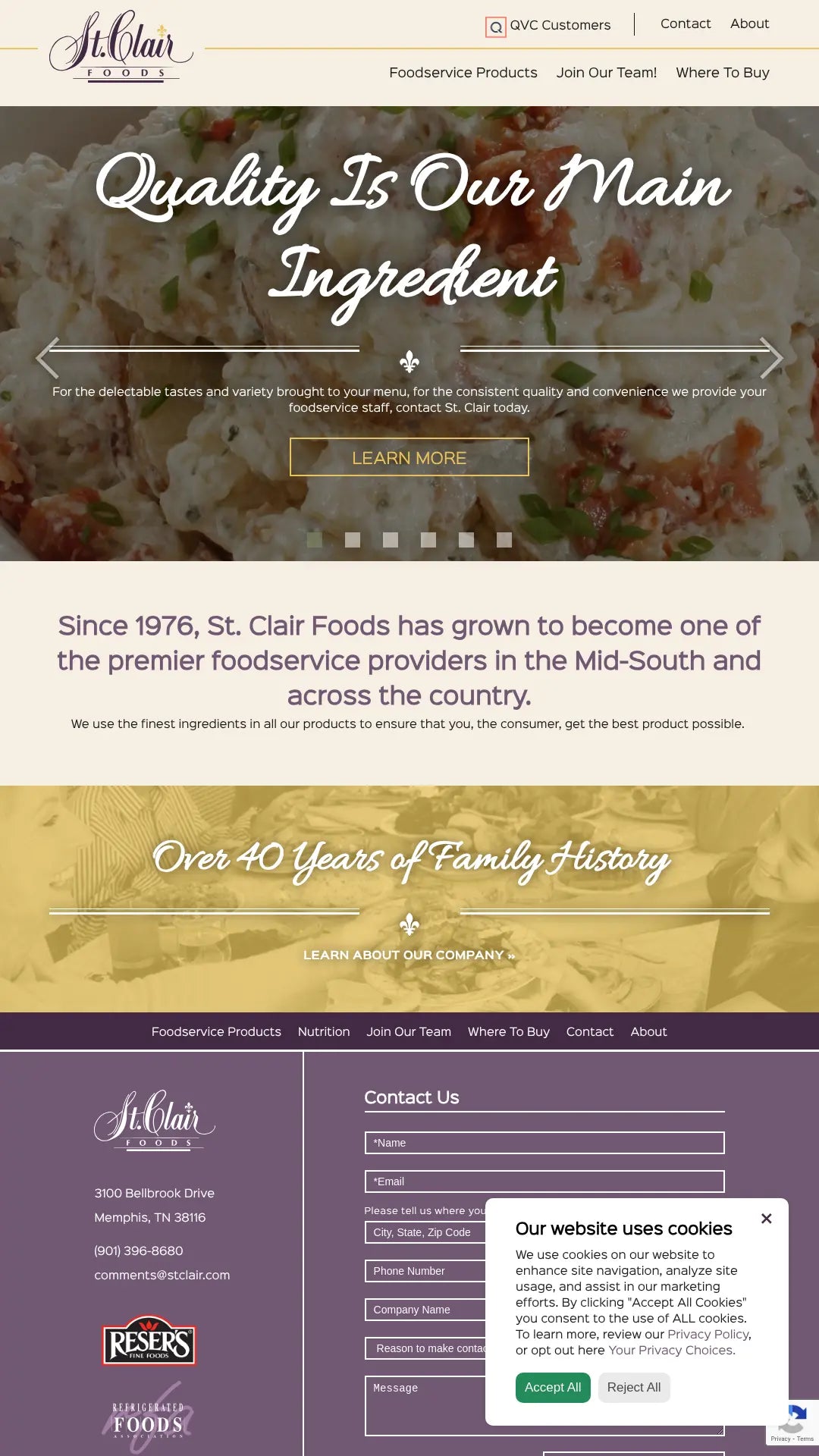 Screenshot: the St. Clair Foods website.