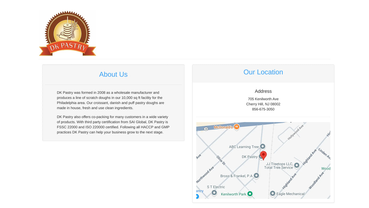 Screenshot: the D K Pastry website.