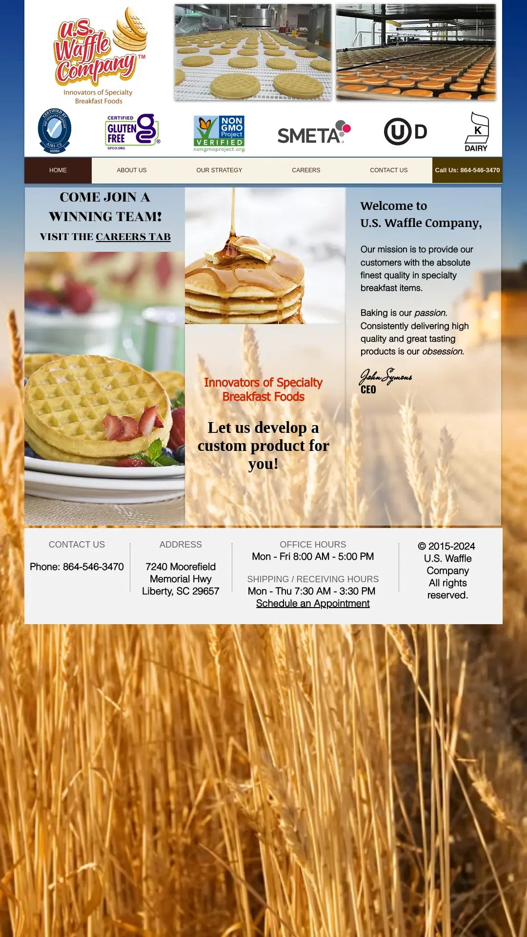 Screenshot: the U.S. Waffle Company website.