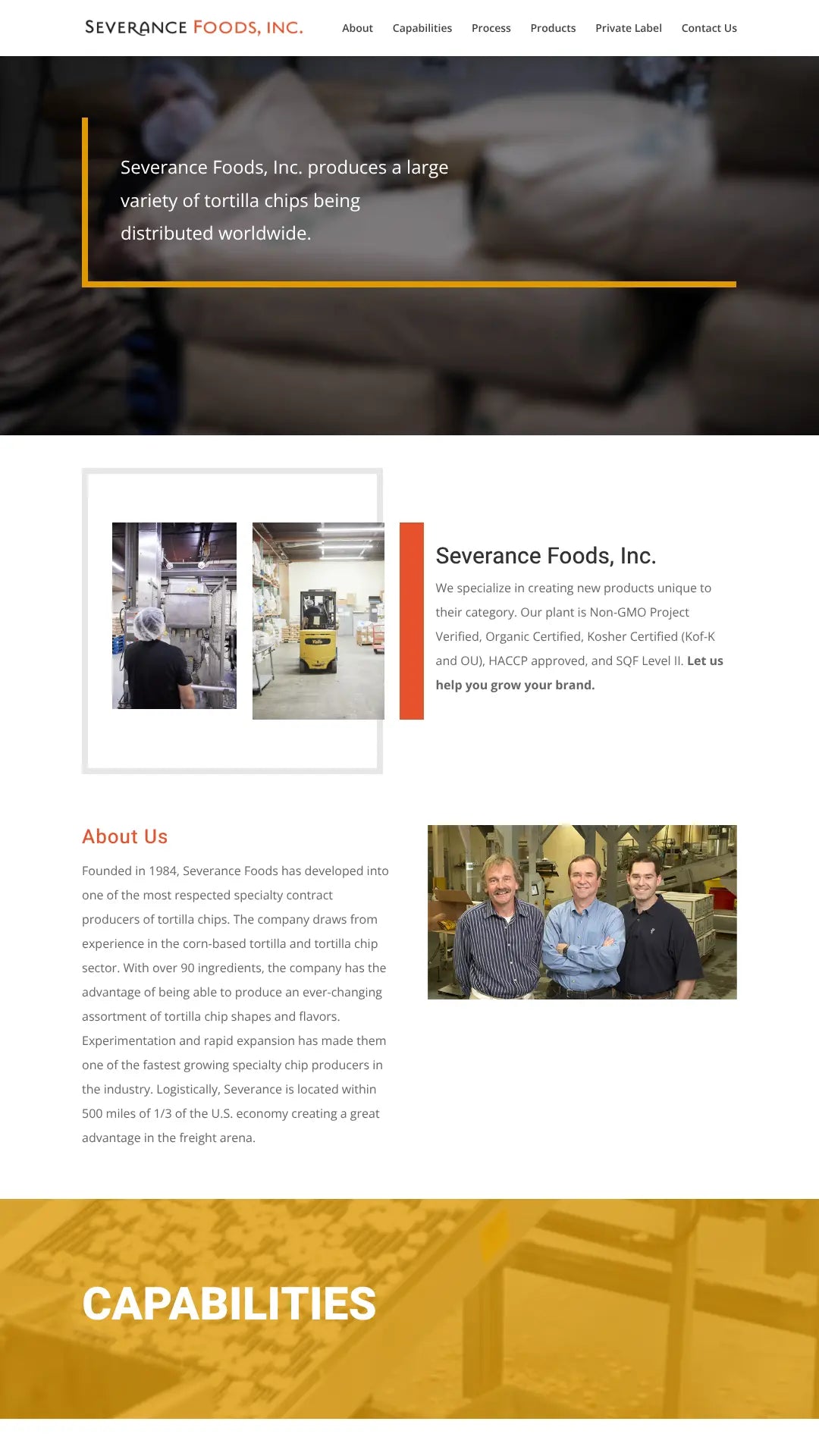 Screenshot: the Severance Foods website.