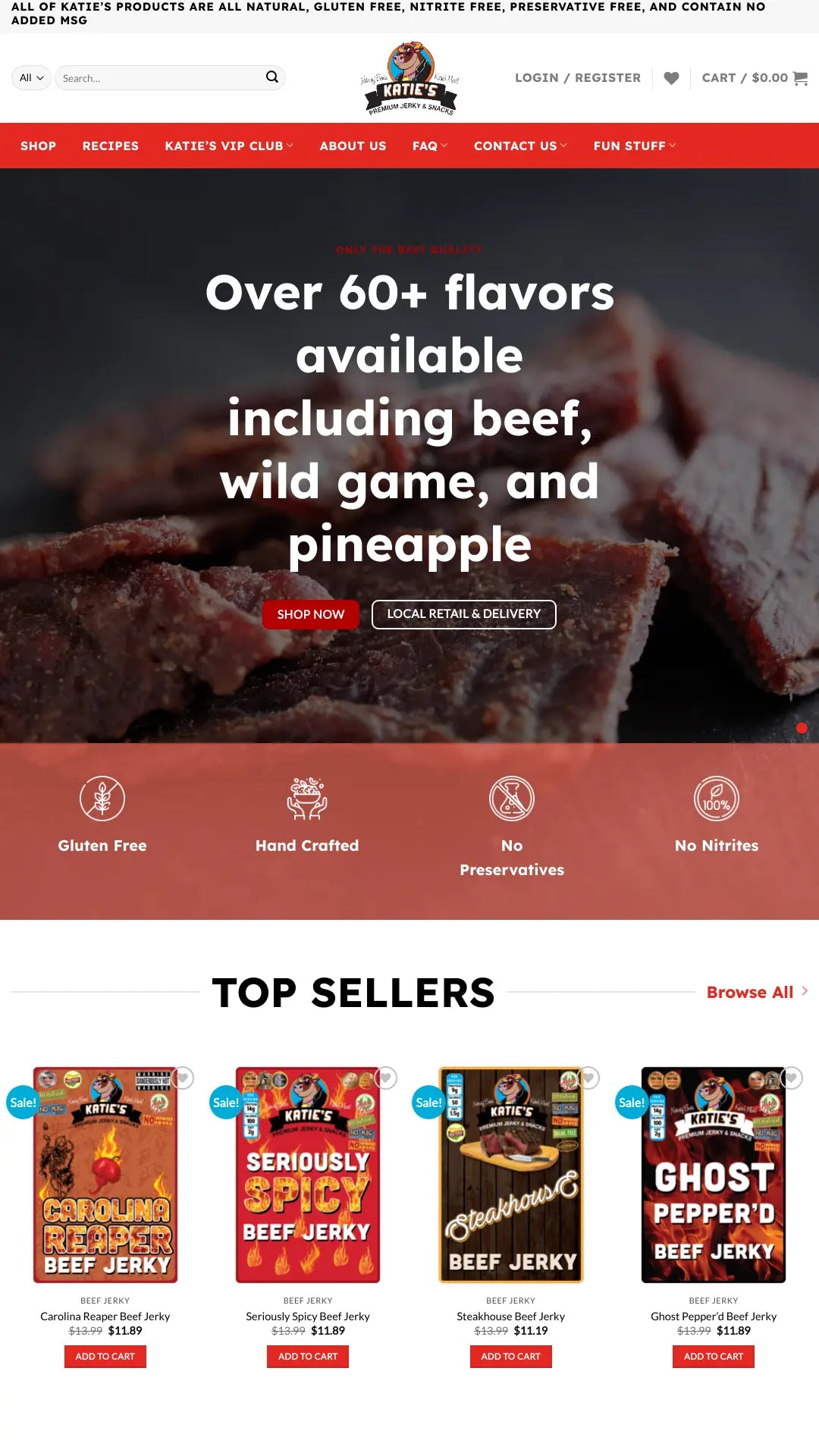 Screenshot: the Katies Premium Jerky & Snacks website.
