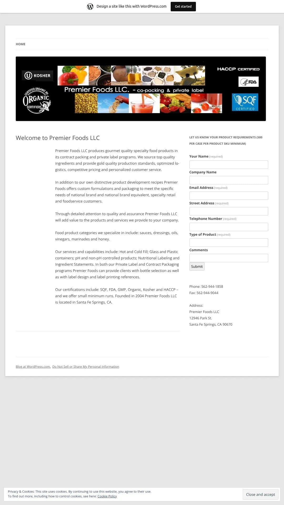 Screenshot: the Premier Foods LLC website.
