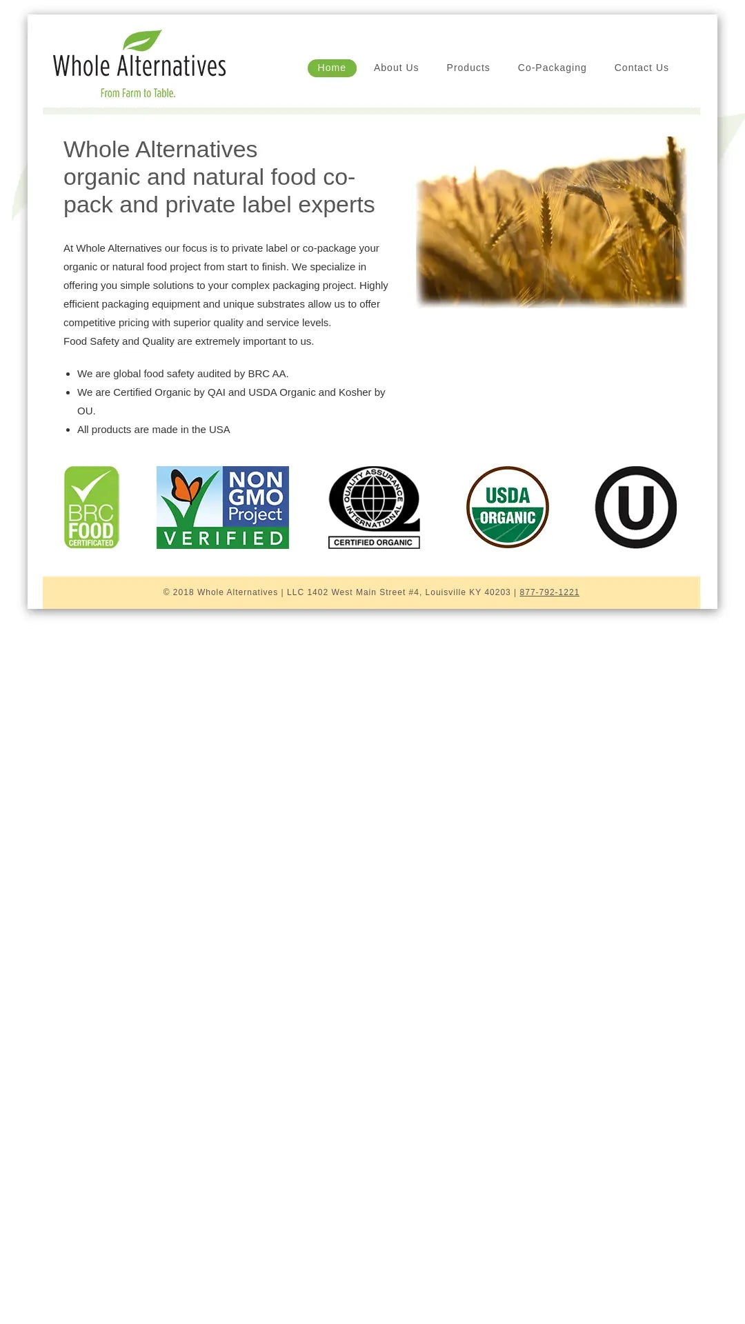 Screenshot: the Whole Alternatives LLC website.