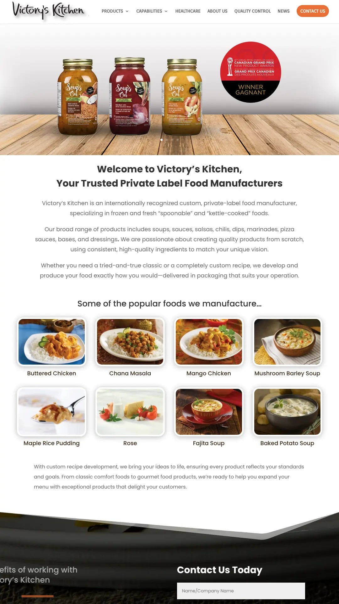 Screenshot: the Victory's Kitchen website.