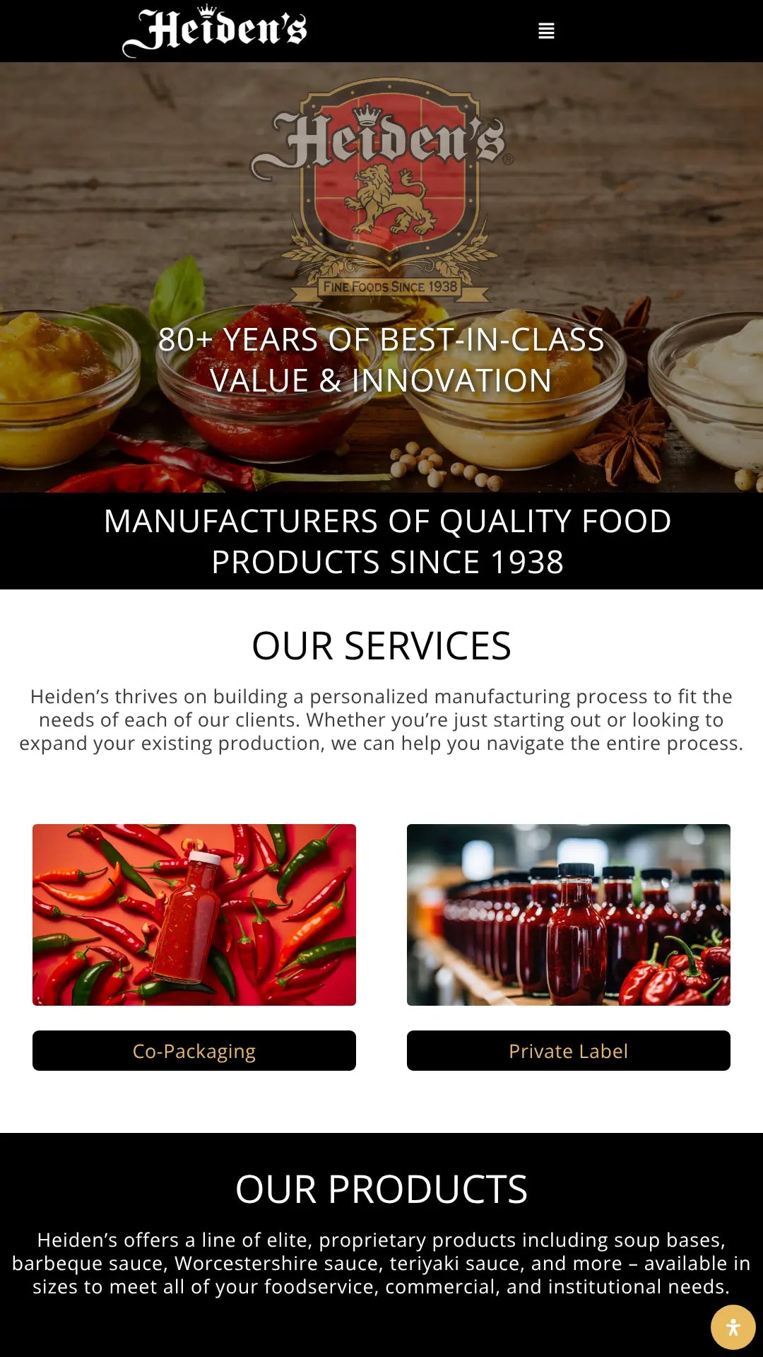 Screenshot: the Heiden's Foods website.