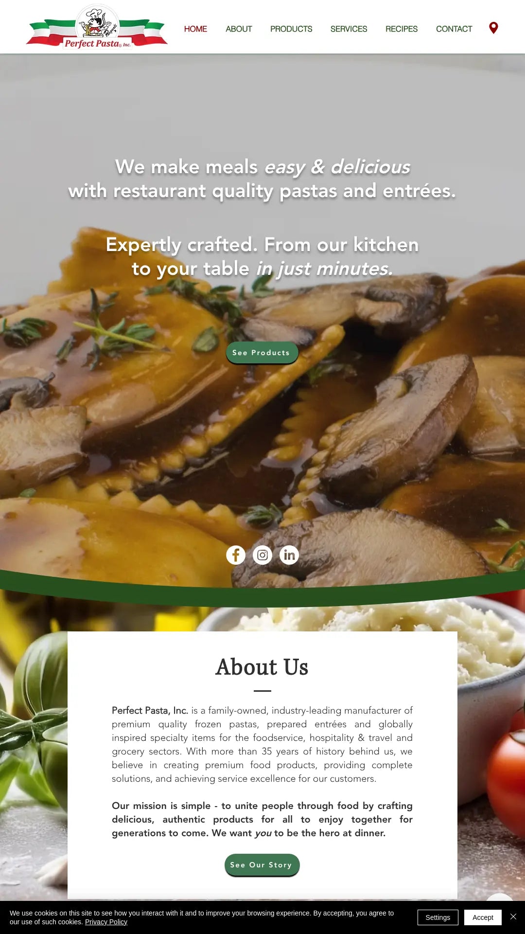Screenshot: the Perfect Pasta Inc. website.