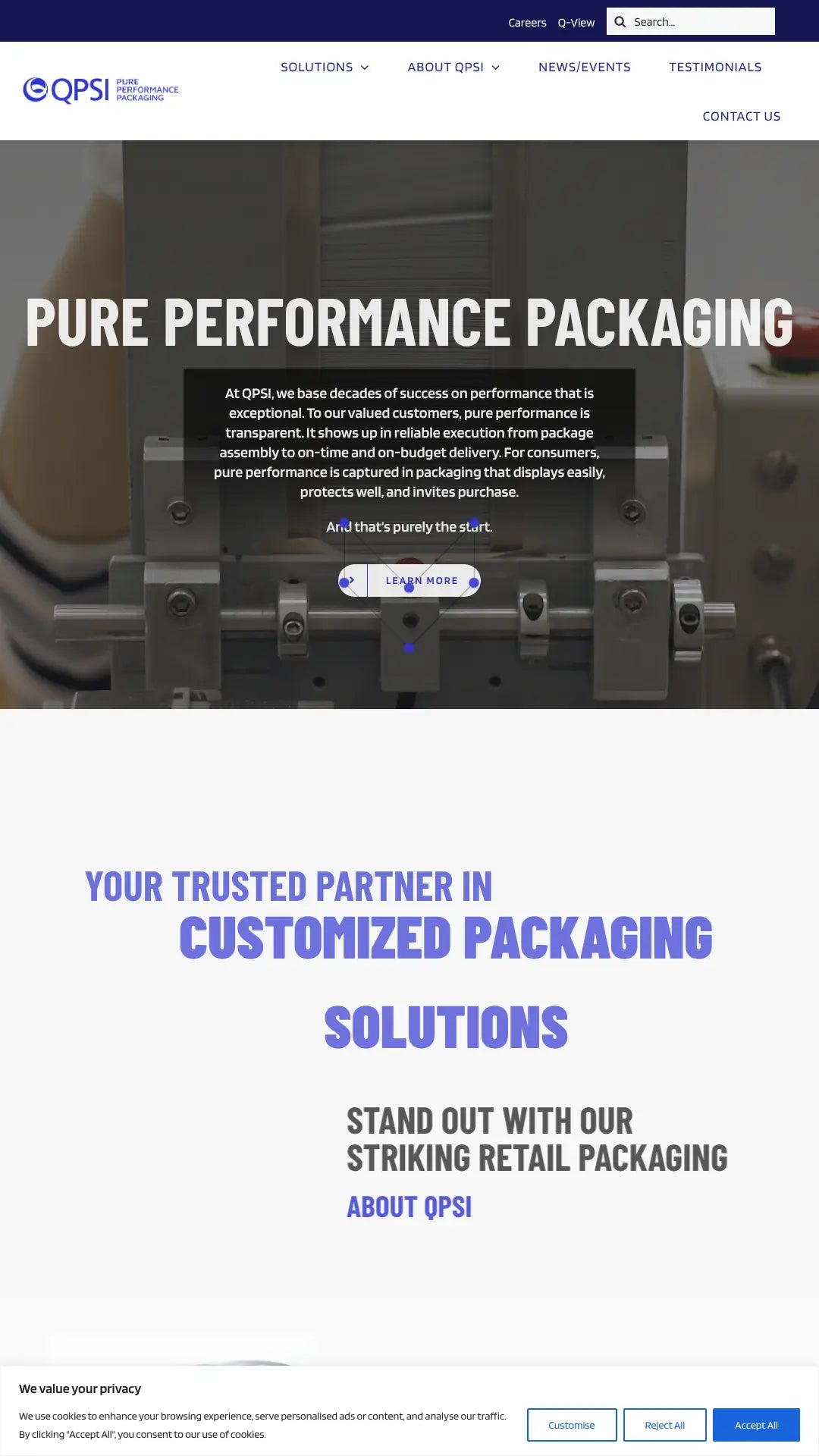 Screenshot: the QPSI (Quality Packaging Solutions International) website.
