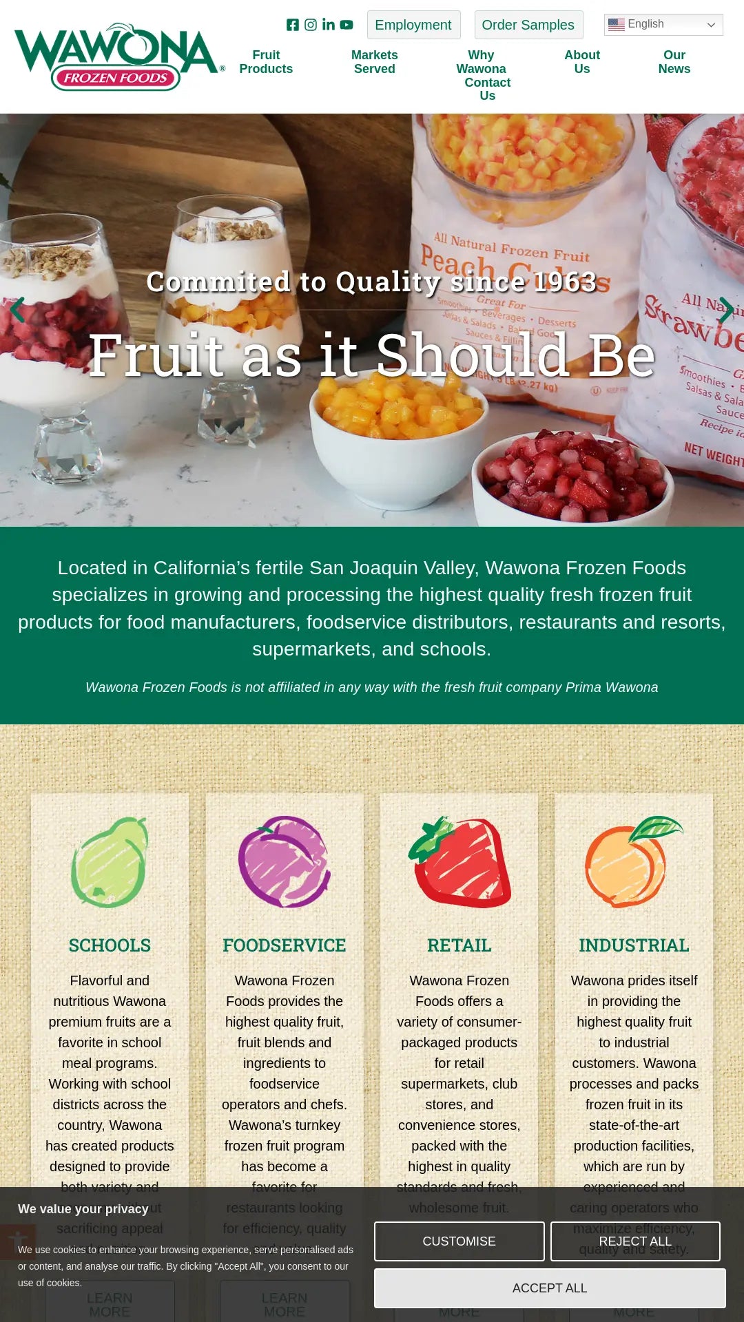 Screenshot: the Wawona Frozen Foods website.