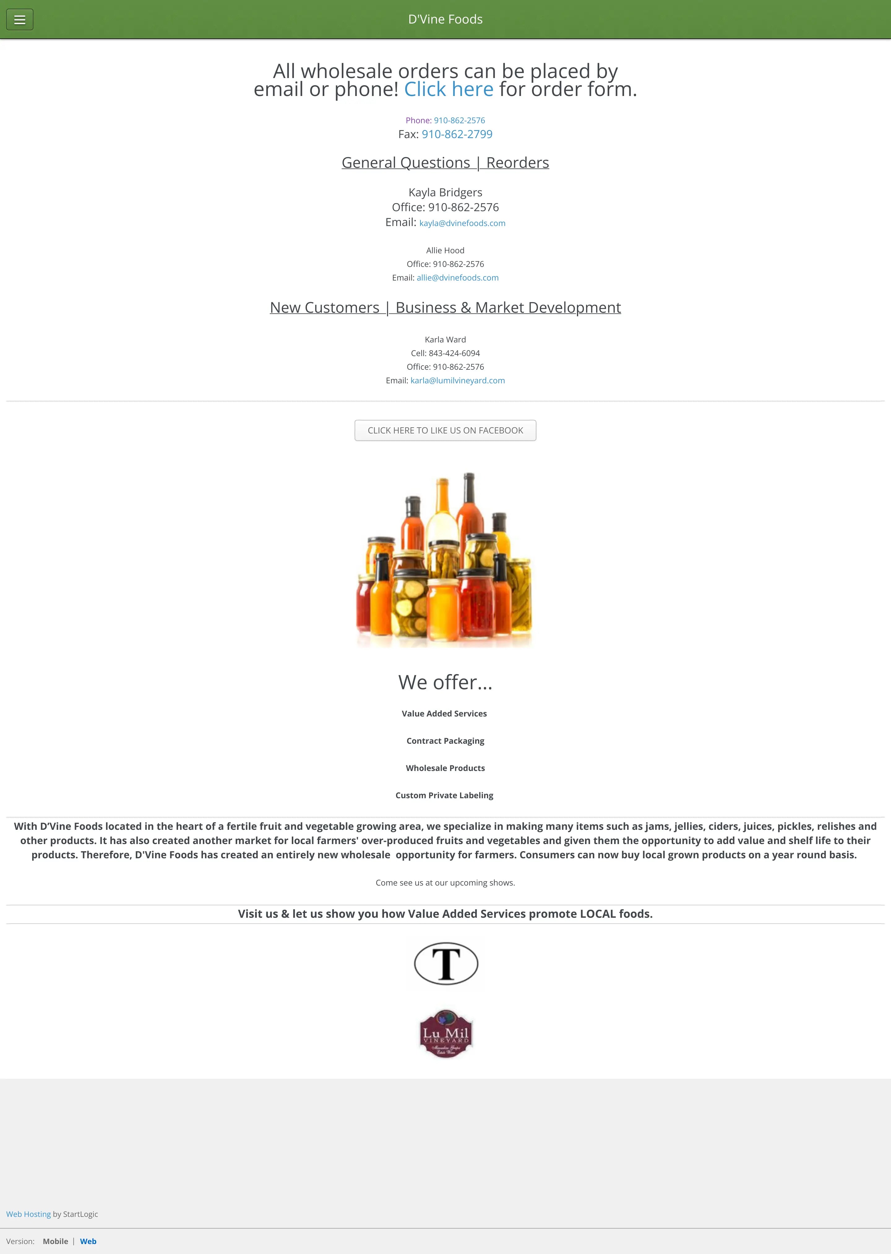 Screenshot: the D'Vine Foods website.