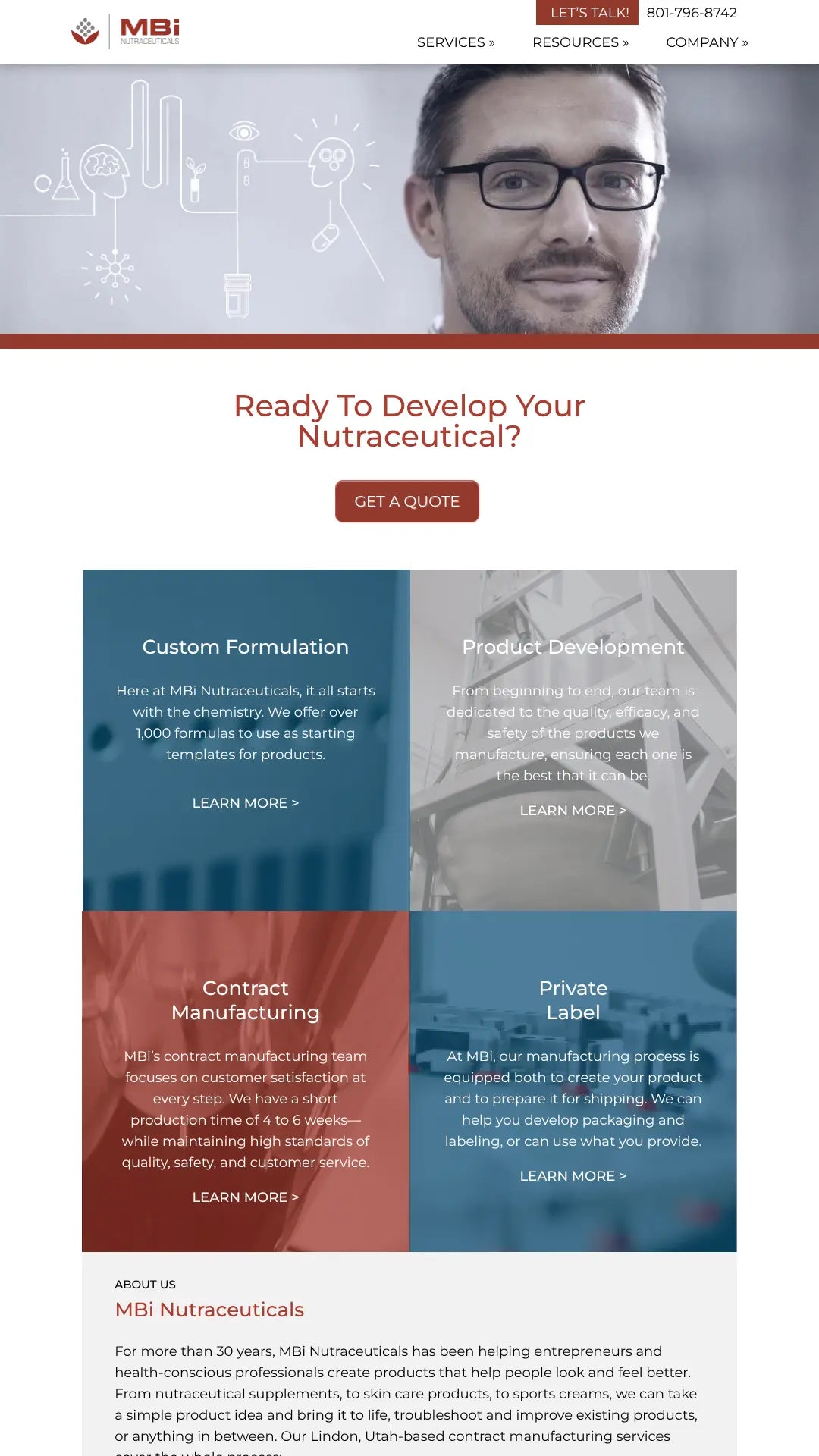 Screenshot: the MBi Nutraceuticals website.