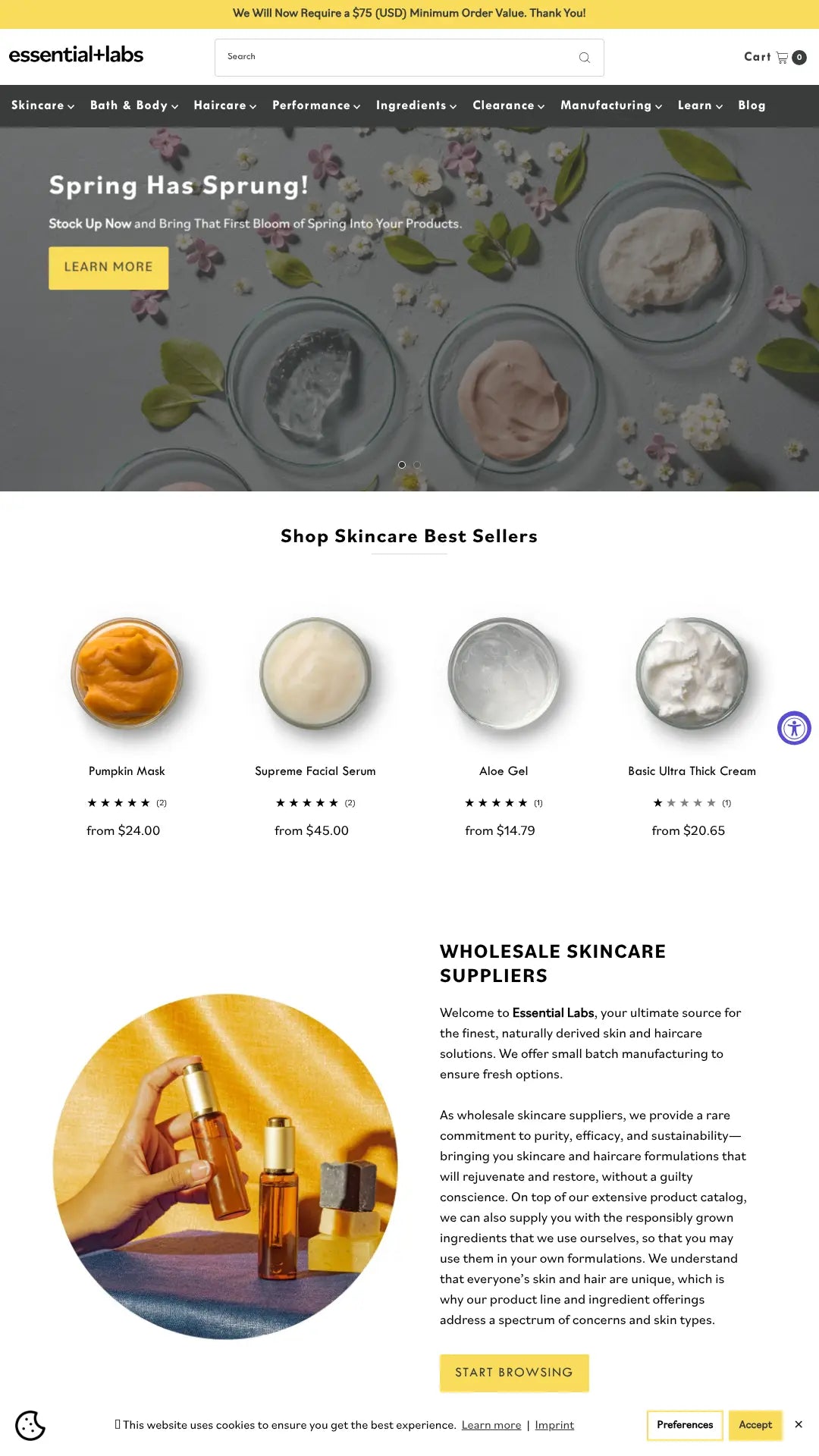 Screenshot: the Essential Wholesale & Labs website.