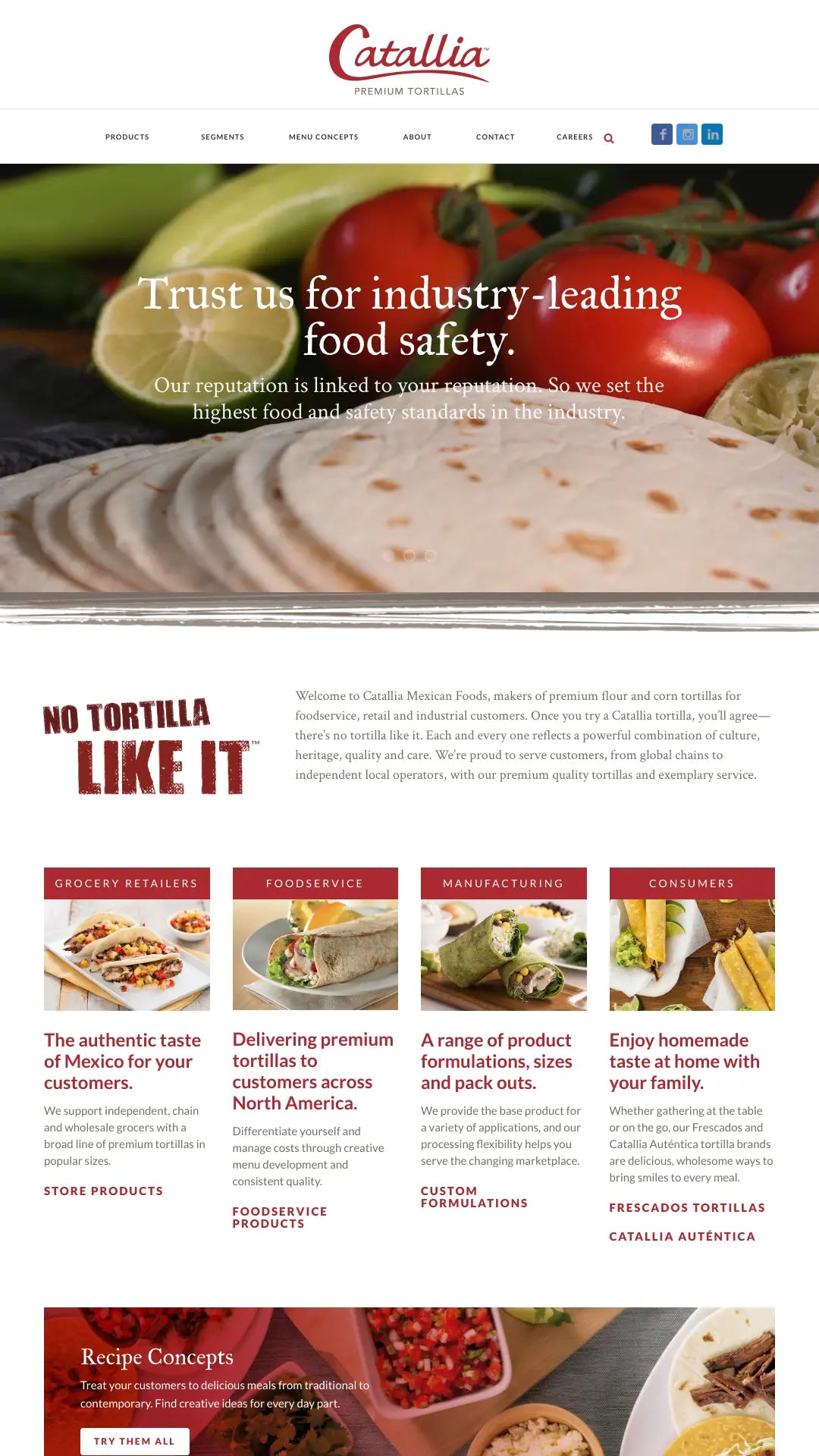 Screenshot: the Catallia Mexican Foods website.