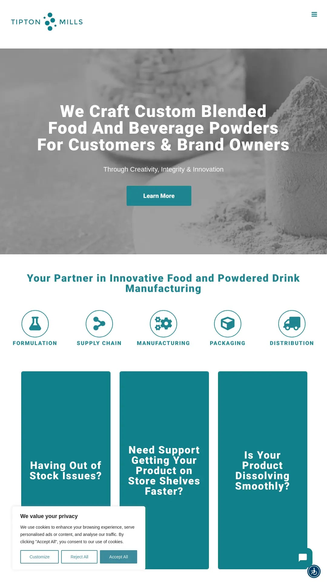 Screenshot: the Tipton Mills Foods website.