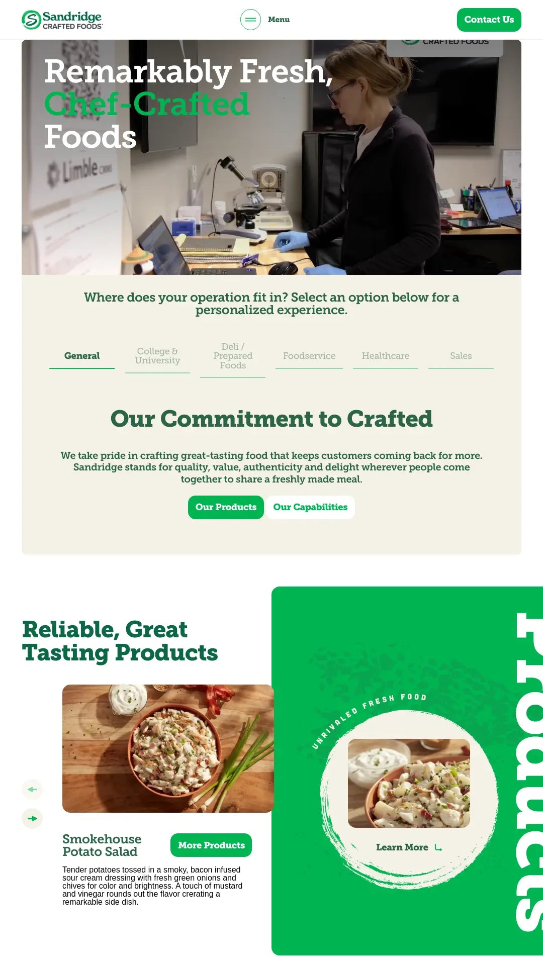 Screenshot: the Sandridge Food Corporation website.