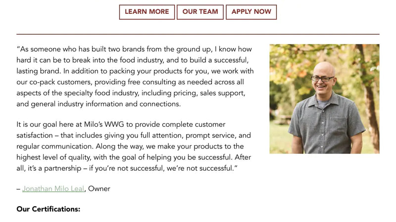 Screenshot: the Milo's Co-Packing website.