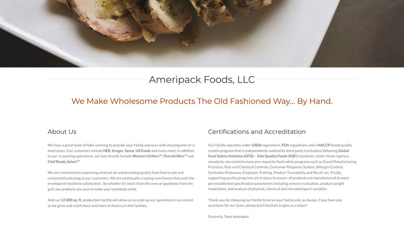 Screenshot: the Ameripack Foods website.