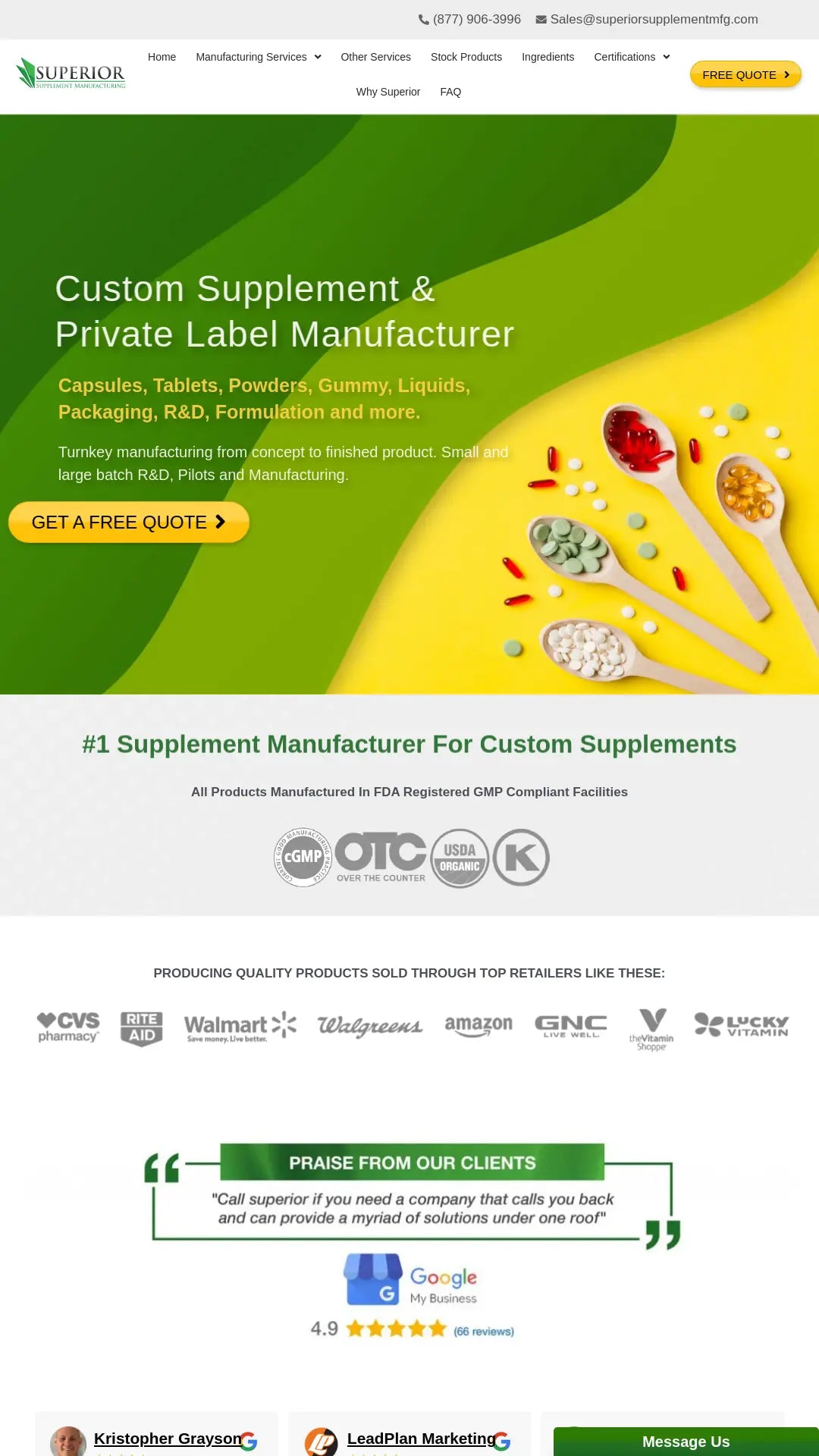 Screenshot: the Superior Supplement Manufacturing website.