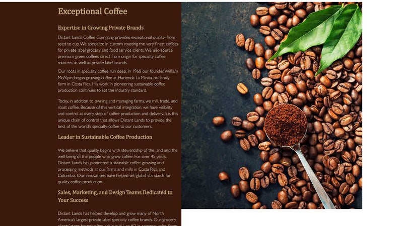Screenshot: the Distant Lands Coffee website.