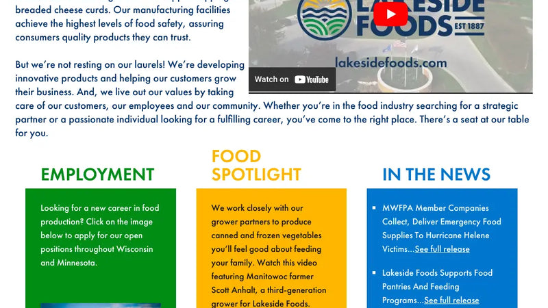Screenshot: the Lakeside Foods, Inc. website.