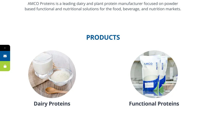 Screenshot: the Amco Proteins website.