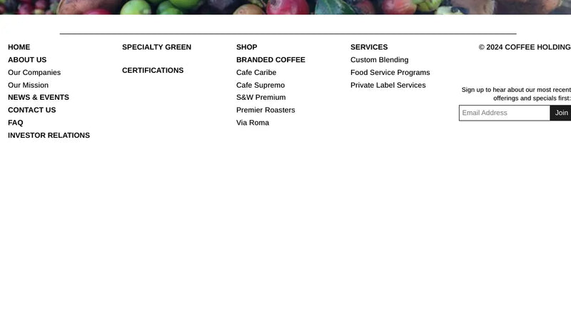 Screenshot: the Coffee Holding Co website.