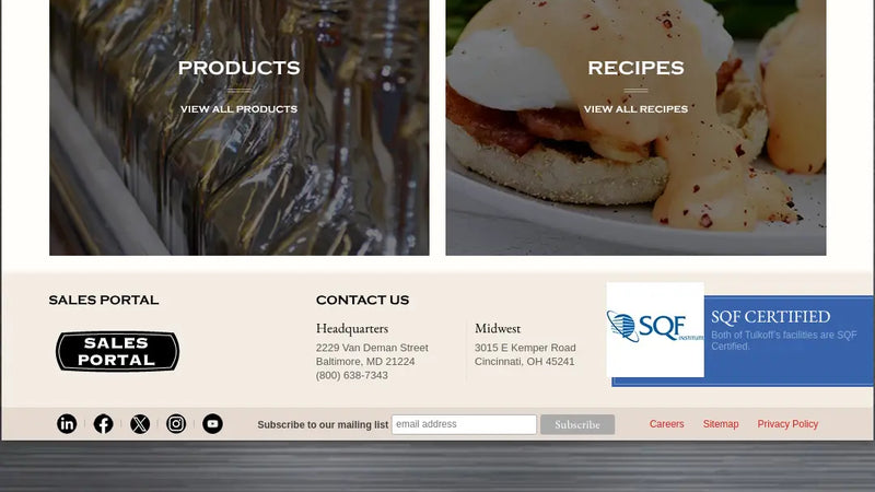 Screenshot: the Tulkoff Food Products, Inc. website.