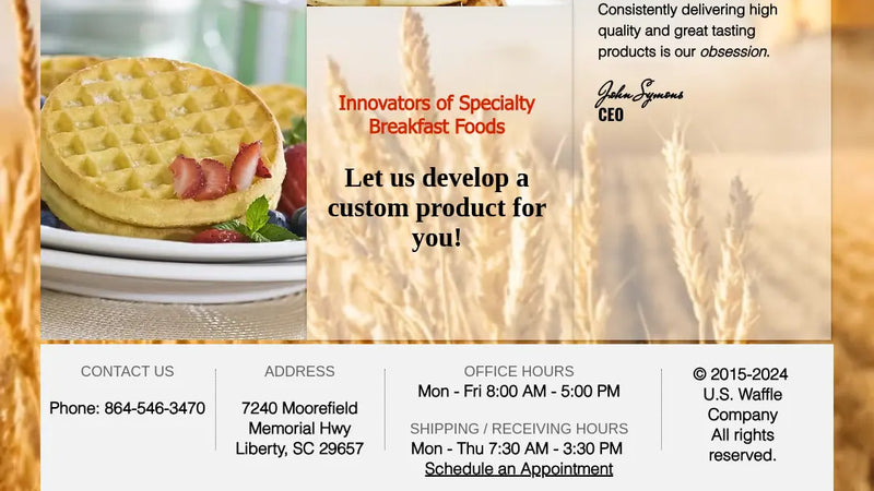 Screenshot: the U.S. Waffle Company website.
