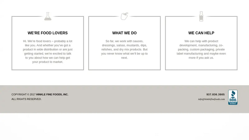 Screenshot: the Hinkle Fine Foods website.