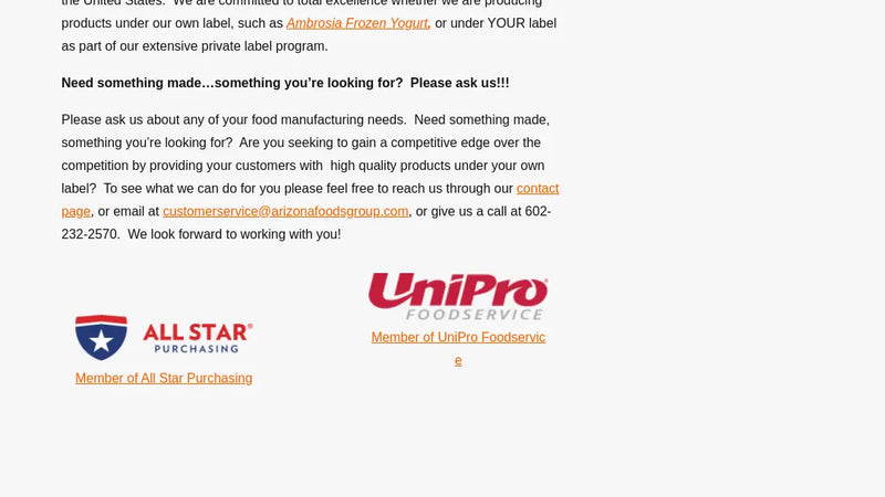 Screenshot: the Arizona Foods Group website.