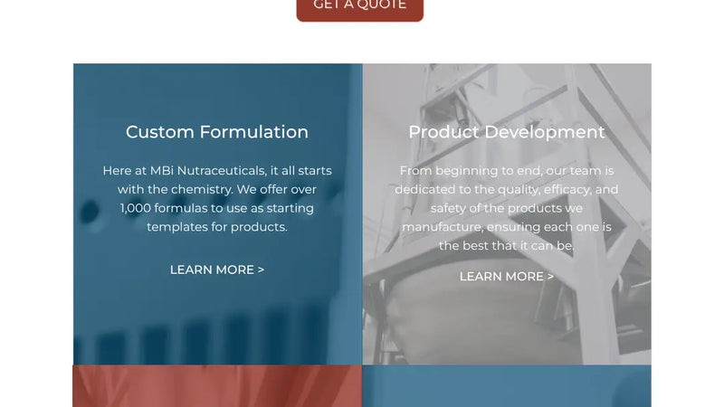 Screenshot: the MBi Nutraceuticals website.