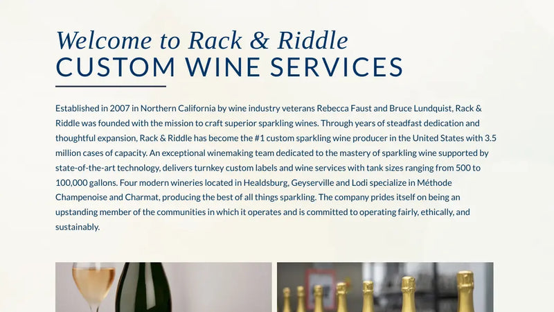 Screenshot: the Rack and Riddle Custom Wine Services website.