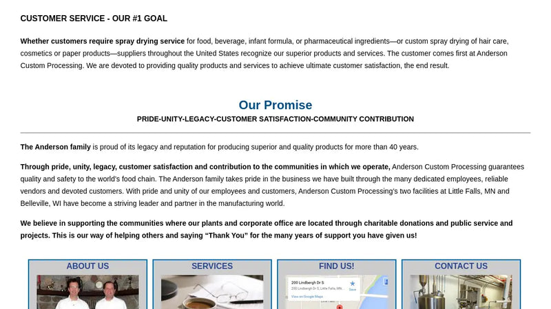 Screenshot: the Anderson Custom Processing website.