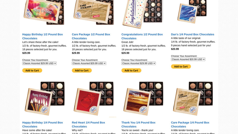 Screenshot: the Dan's Chocolates website.