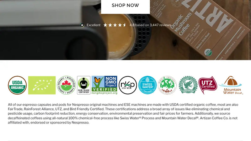 Screenshot: the Artizan Coffee Co. website.